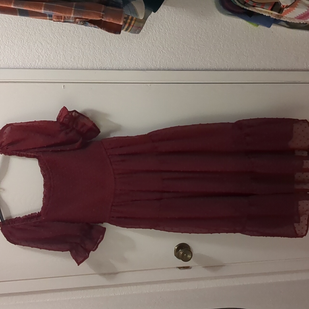 MEROKEETY Square Neck Puff Sleeve Boho Midi Dress Swiss Dot